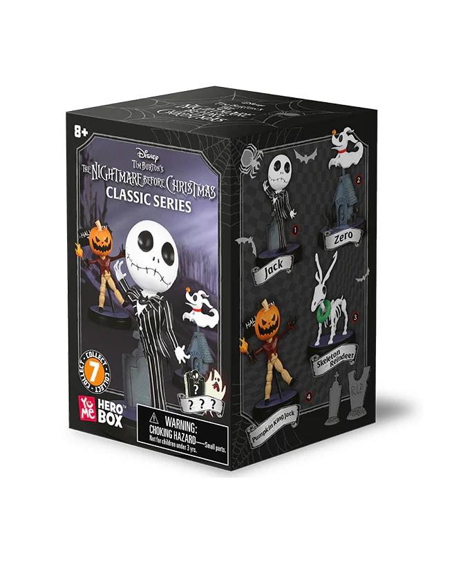 Caja de figuras de la serie clásica de Nightmare Before Christmas con Jack Skellington y otros personajes.