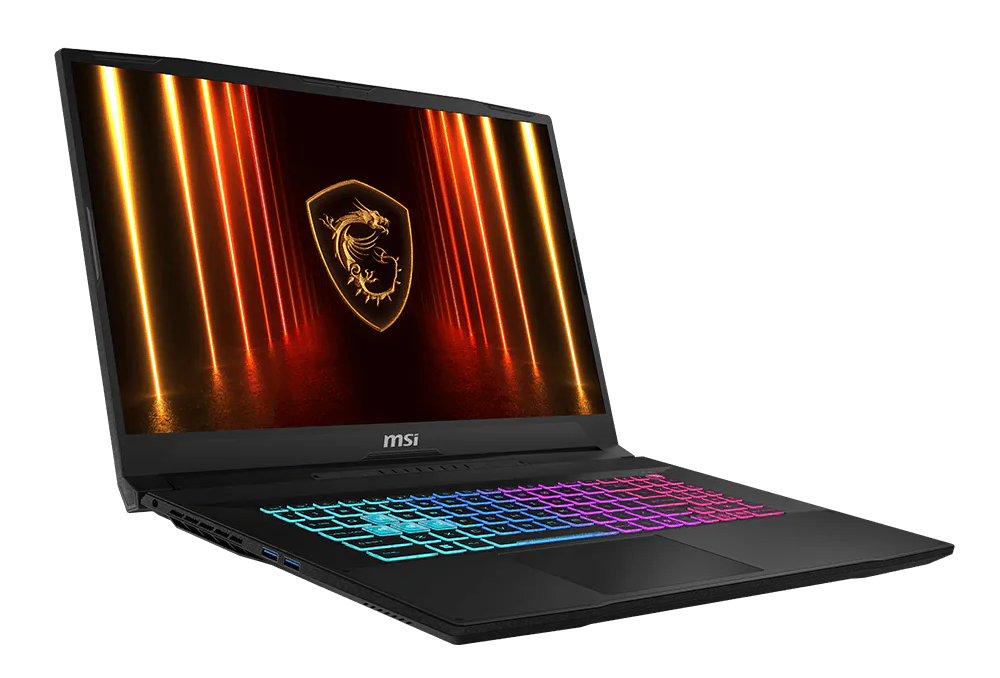Czarny laptop do gier MSI z podswietlana klawiatura RGB i logo smoka na ekranie na czarnym tle.
