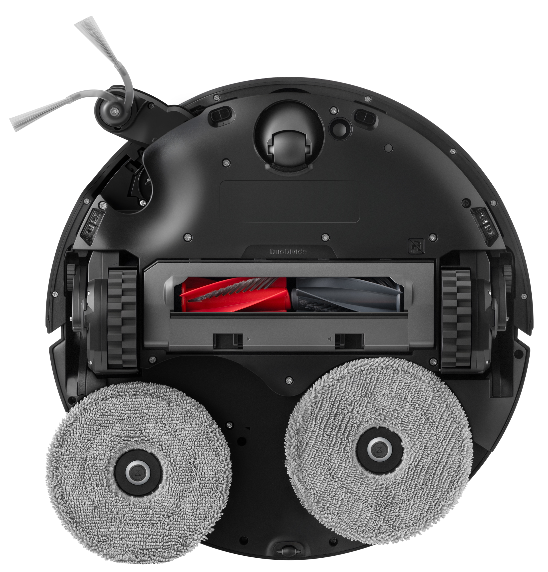 Fekete robotporszívó alja két kerek szürke felmosópárnával, gumikefékkel és oldalkefével.