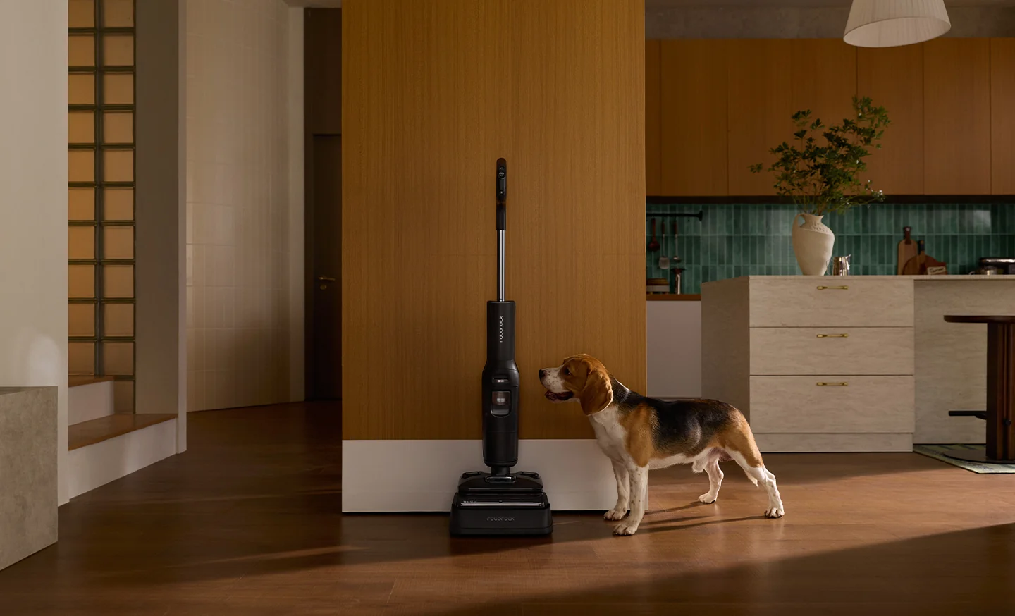 Egy beagle kutya egy fekete porszívó mellett áll egy fa padlón egy modern belső térben.
