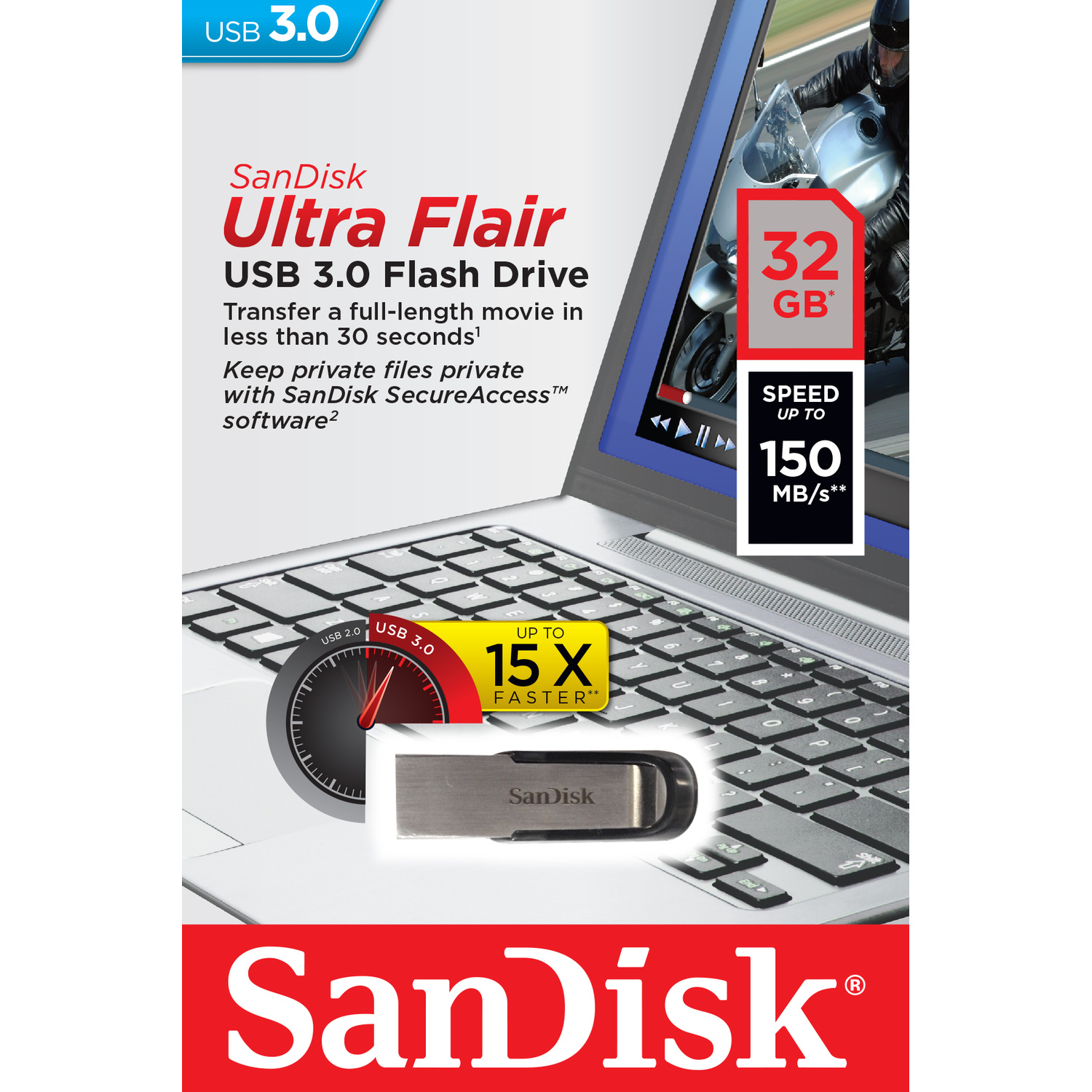 Confezione della chiavetta USB SanDisk Ultra Flair 3.0 da 32GB e velocità fino a 150 MB/s.