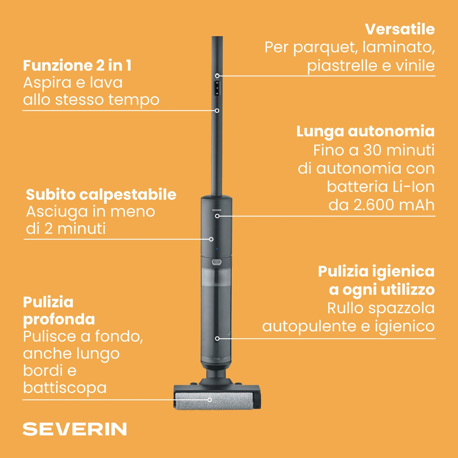 Un aspirapolvere grigio Severin su sfondo arancione con testi in italiano che evidenziano le funzioni.