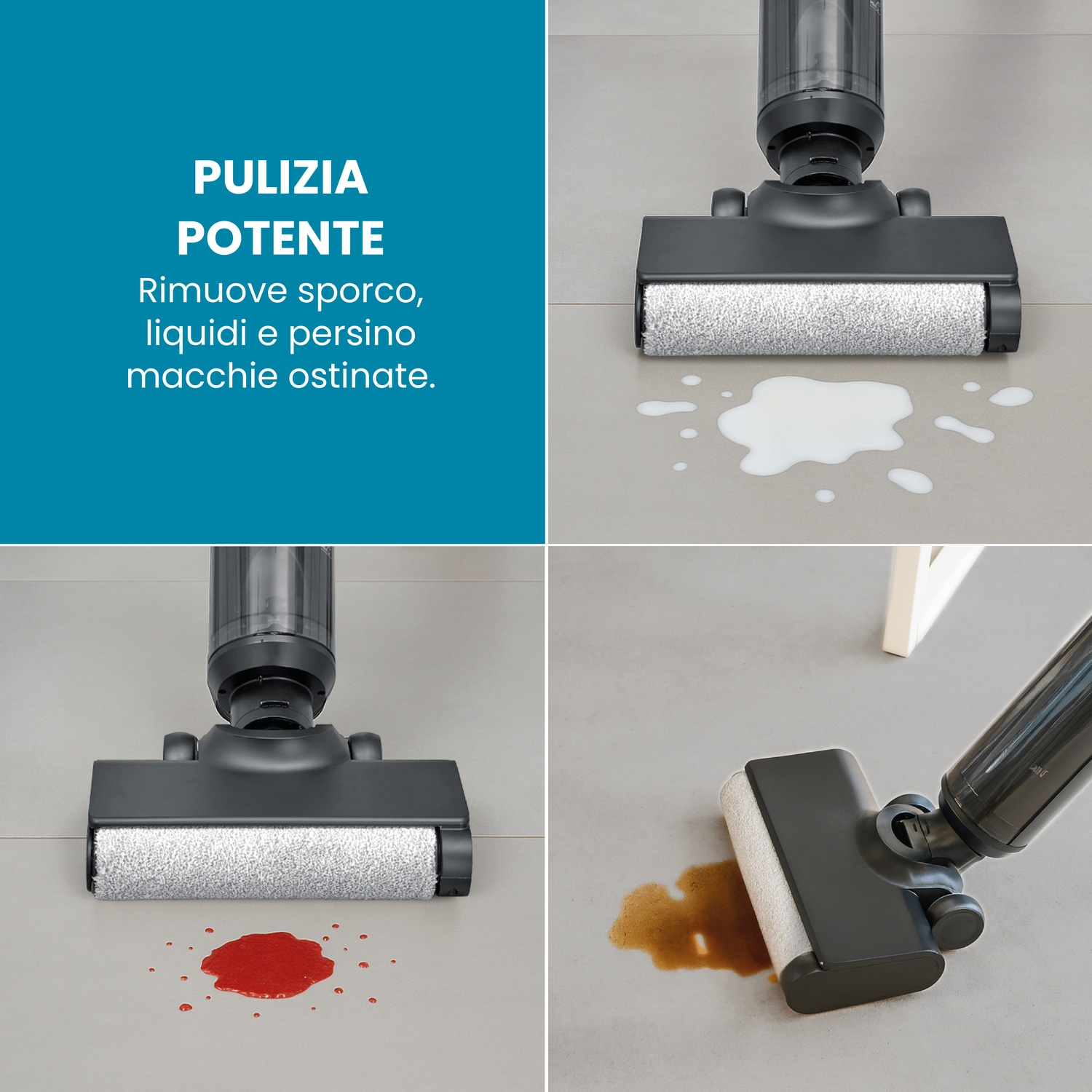 Un aspirapolvere senza fili pulisce vari liquidi da un pavimento.