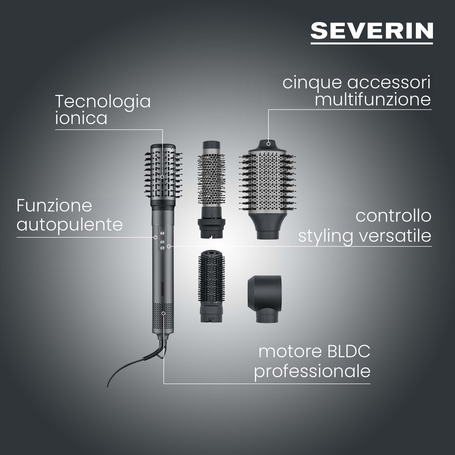 Spazzola styler Severin con vari accessori e descrizioni testuali.