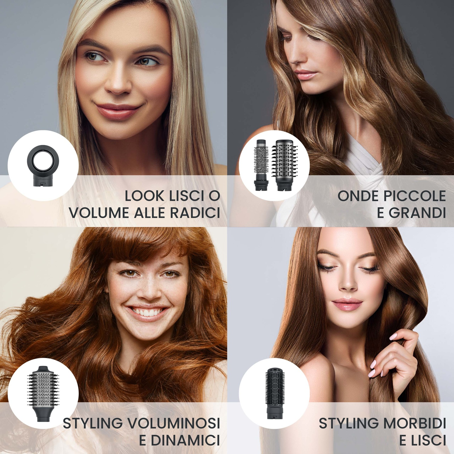 Quattro donne che mostrano acconciature diverse con accessori e testo.