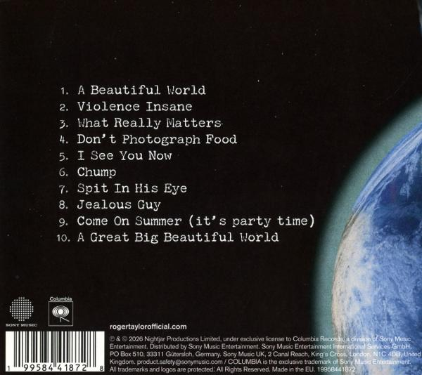 Rückseite einer CD mit zehn Songtiteln auf schwarzem Hintergrund und Ansicht der Erde am rechten Rand.