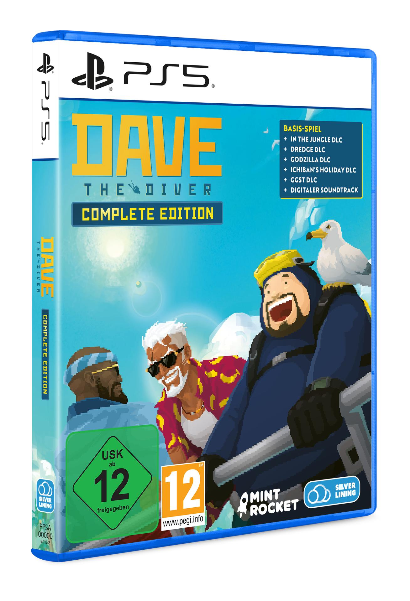 PS5-Spielhülle für 'Dave the Diver Complete Edition' mit drei Figuren und einer Möwe vor blauem Hintergrund.