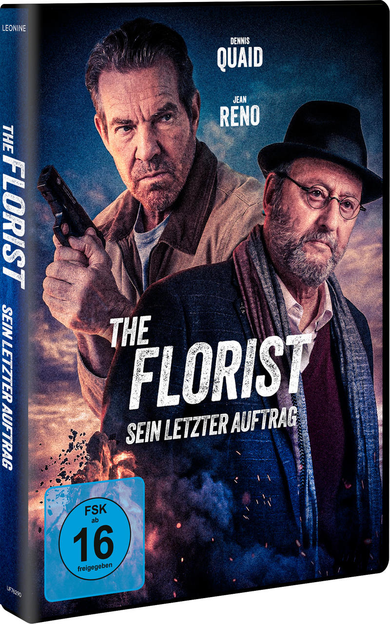 DVD-Cover von The Florist mit Dennis Quaid und Jean Reno vor rauchigem Hintergrund.