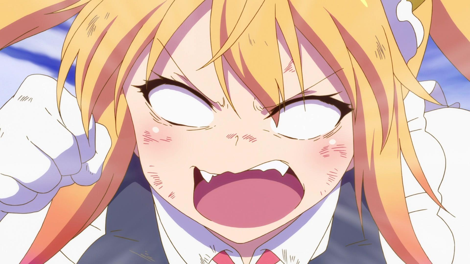 Anime-Mädchen mit blondem Haar macht ein wütendes Gesicht mit fletschenden Zähnen.
