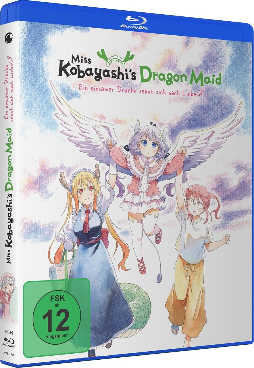 Blu-ray-Hülle von Miss Kobayashi's Dragon Maid mit Anime-Figuren vor einem bewölkten Himmel und FSK 12 Logo.