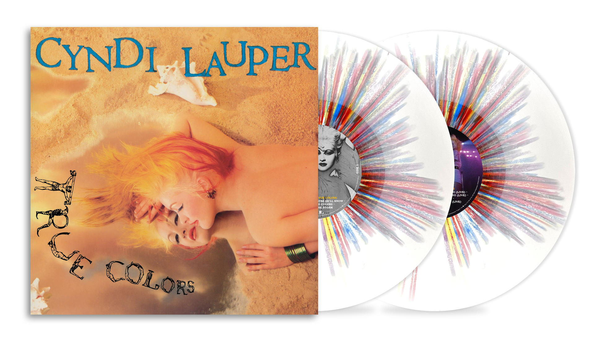 Cyndi Laupers True Colors Albumcover neben zwei farblich spritzenden Vinyl-Schallplatten.