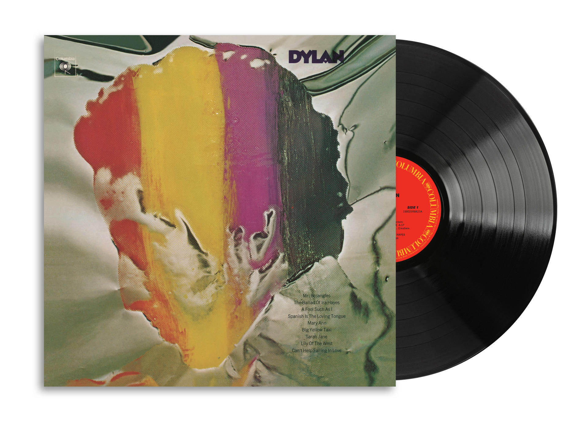 Dylan Vinyl-Schallplatte mit buntem Cover und rotem Label, leicht aus der Hülle gezogen.