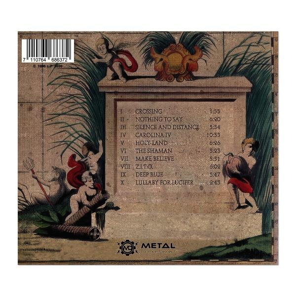 Album-Rückseite mit Trackliste auf einem Steindenkmal, umgeben von Engeln und Pflanzen.