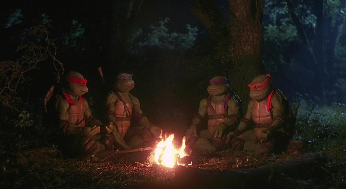 Vier Teenage Mutant Ninja Turtles sitzen in der Nacht im Wald um ein Lagerfeuer.