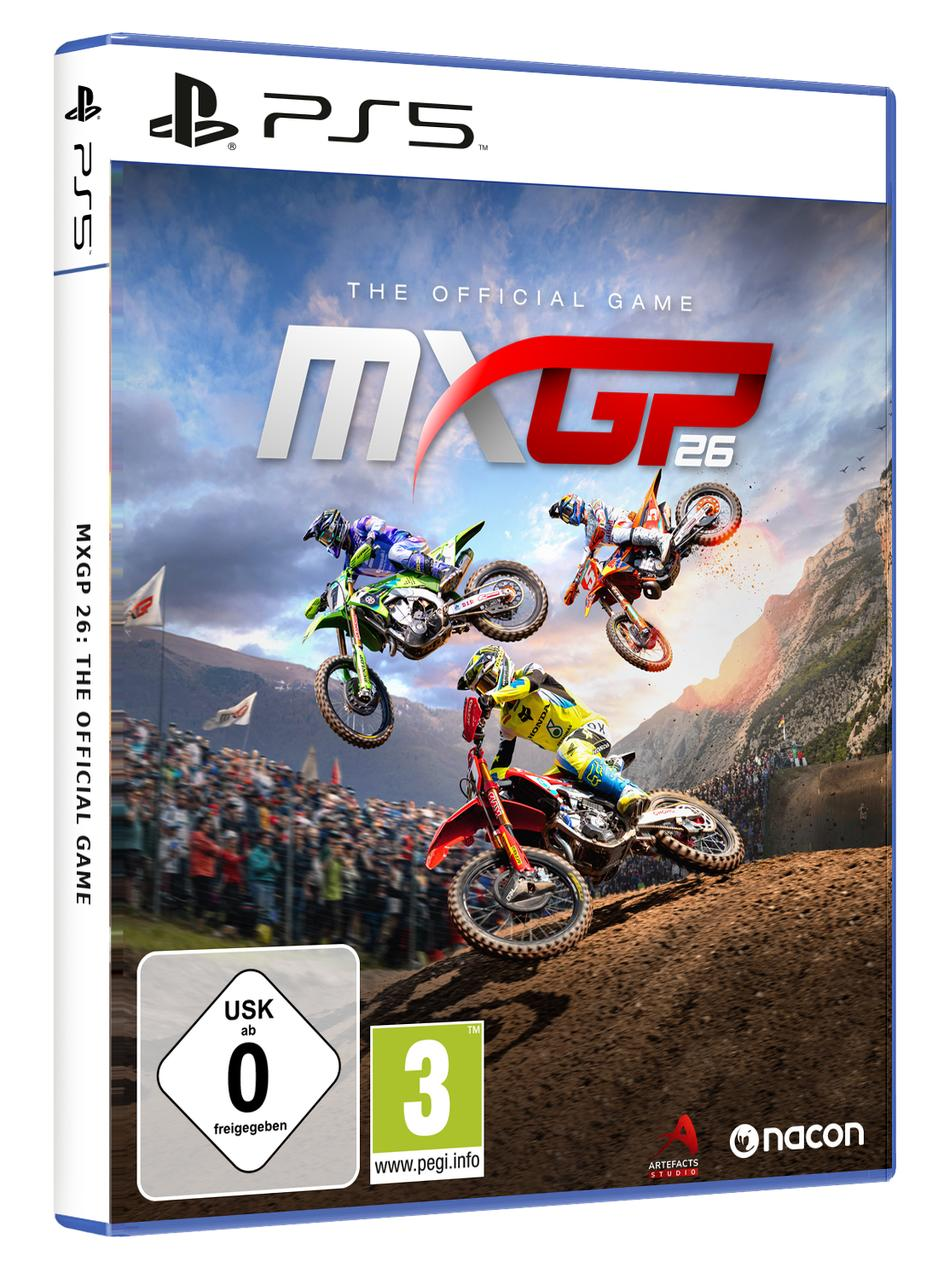 PS5-Spielhülle für MXGP 26 mit Motocross-Fahrern in Aktion vor einer Bergkulisse.