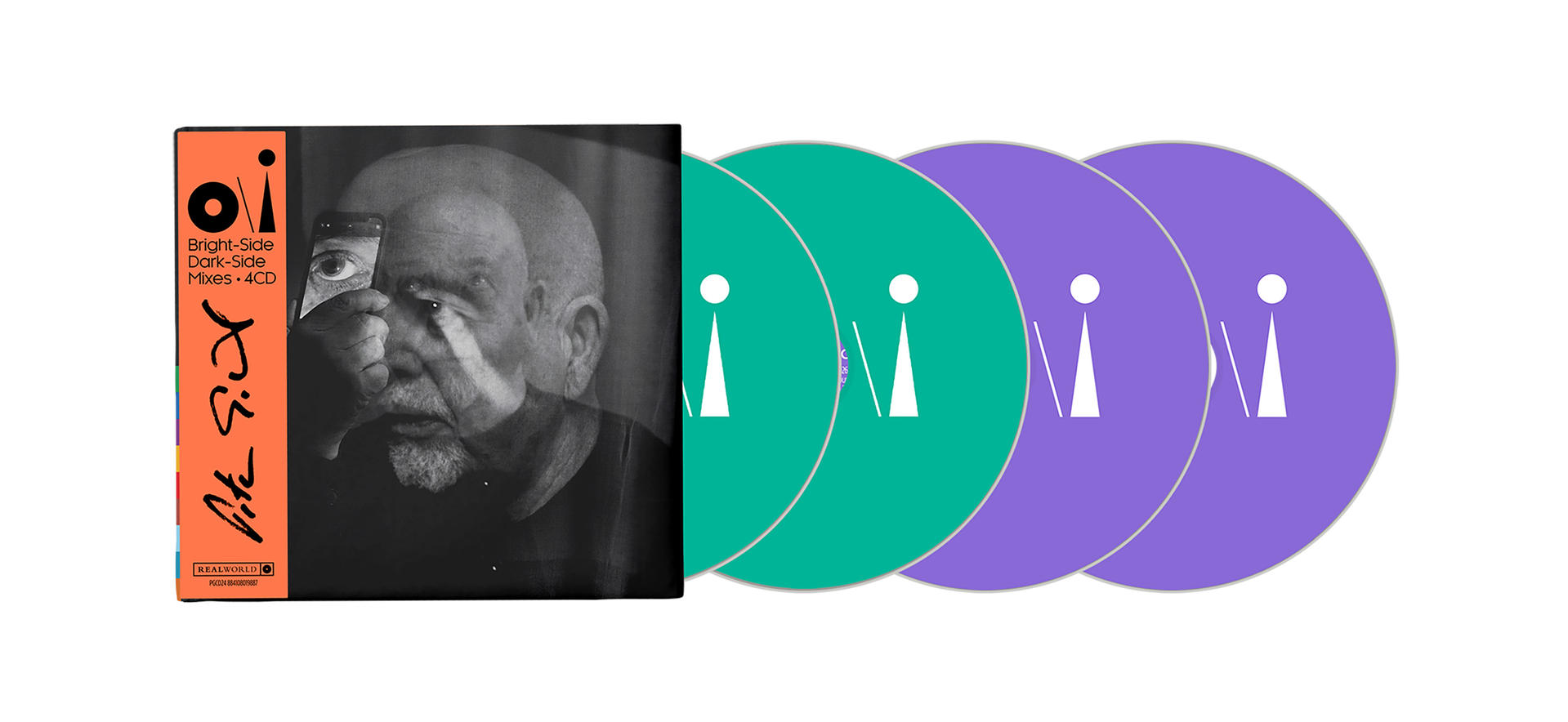 Ein CD-Set mit Papphülle und vier bunten CDs in Grün und Lila mit weißem Logo.