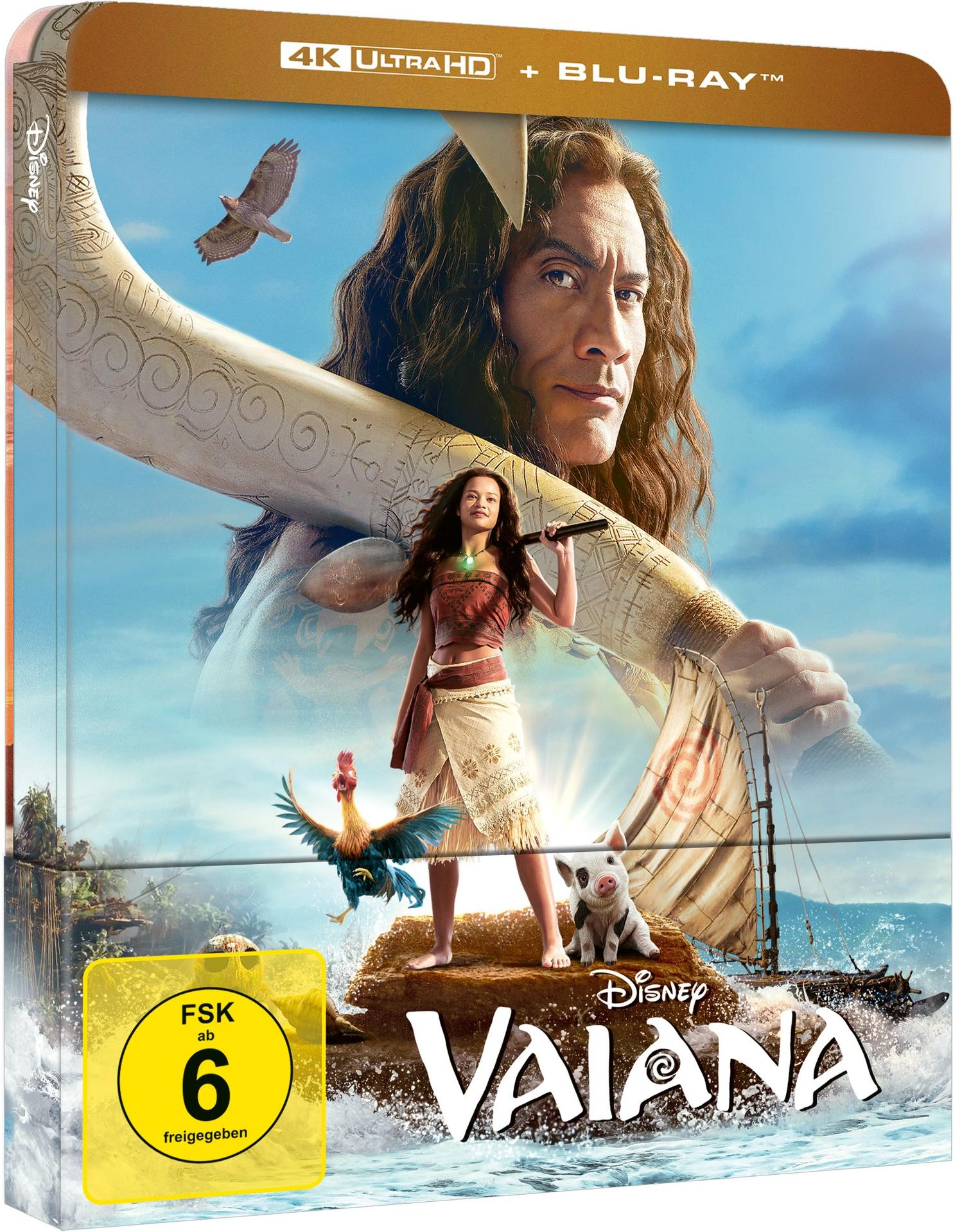 Vaiana und Maui mit Tieren vor einem blauen Himmel auf einer Blu-ray-Hülle.