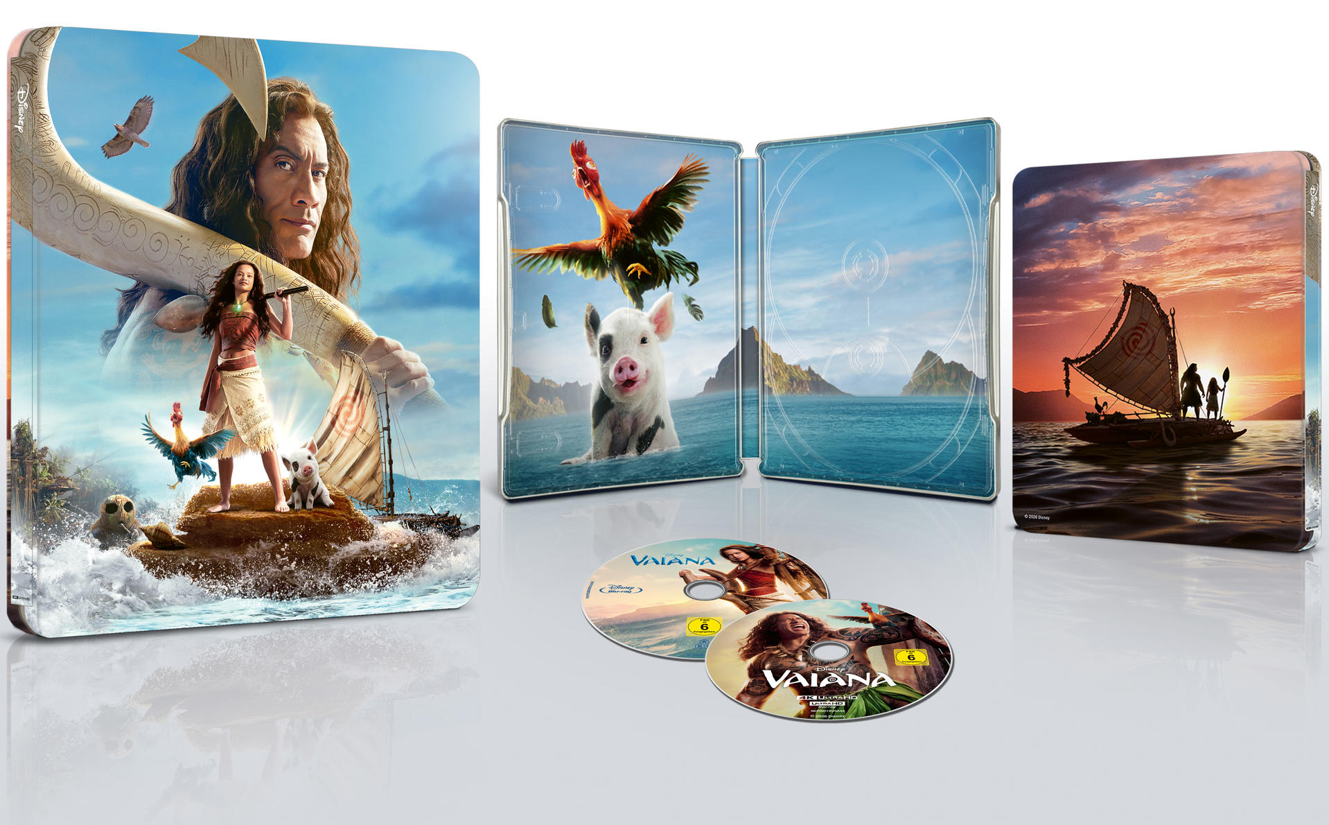 Moana Steelbook Edition mit Hülle, geöffneter Innenseite, zwei Discs und Ausschnittszene.