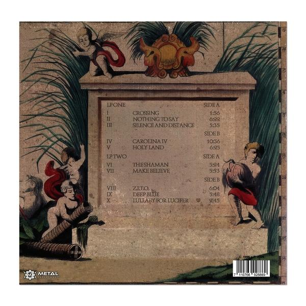 Albumcover mit einer Steintafel, Musikzitaten, Engeln und Pflanzen in klassischem Kunststil.