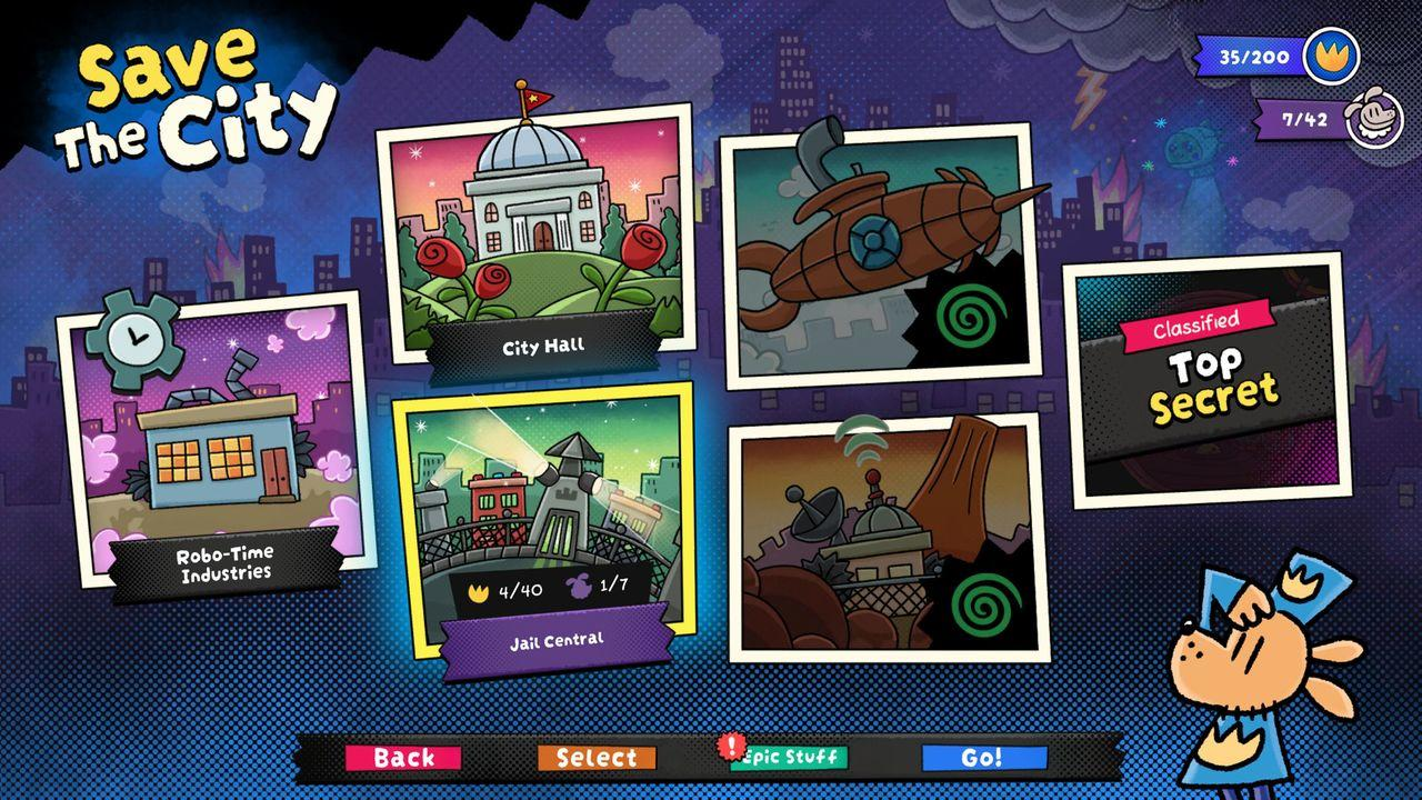 Spielmenü Save the City mit verschiedenen Level-Auswahlkarten vor städtischem Hintergrund.