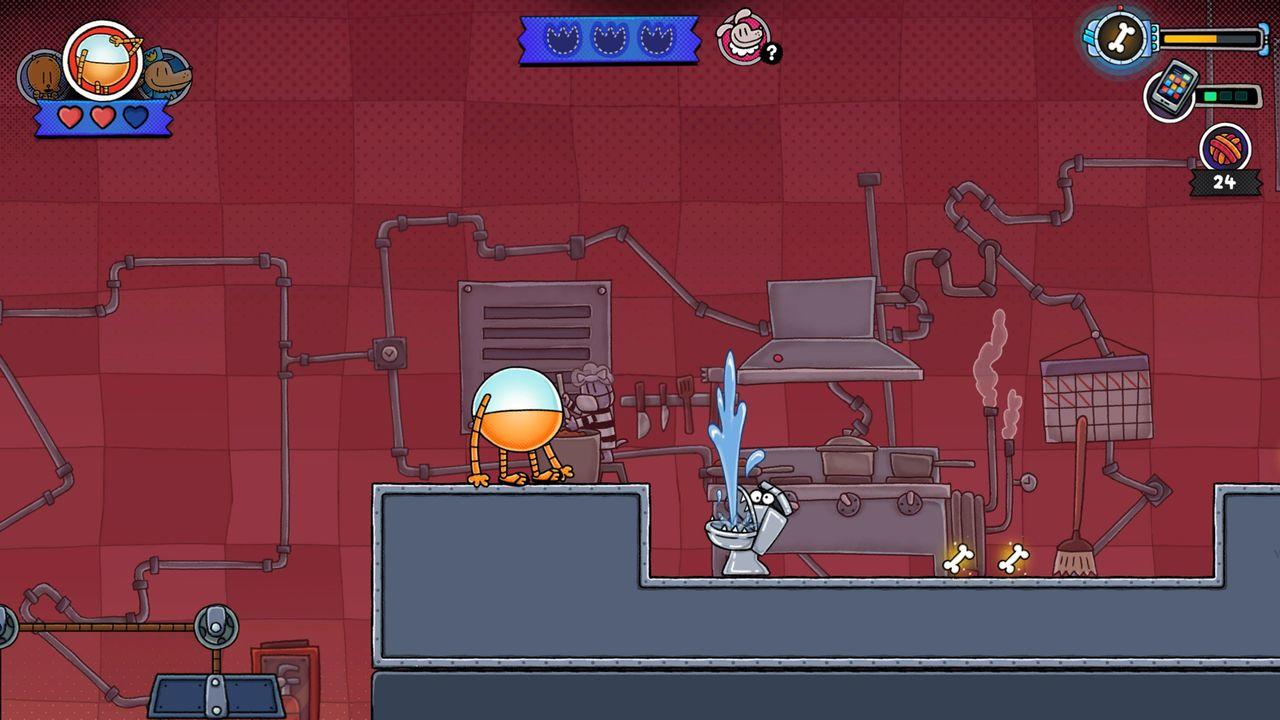 Eine cartoonartige Szene mit einem Roboter, Rohren und einem Wasserstrahl vor rotem Hintergrund.