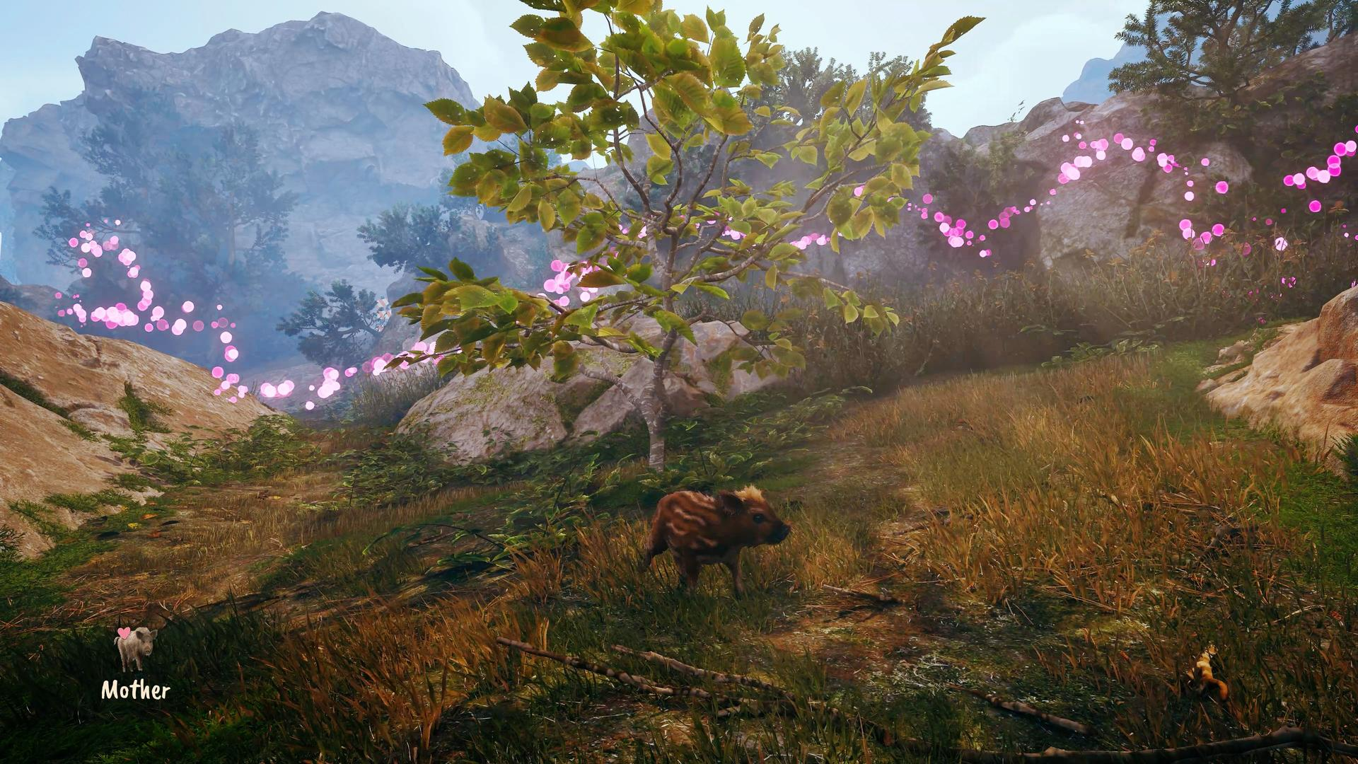 Ein wildschweiniges Junges steht in einer bergigen Landschaft mit leuchtend pinken Lichtpunkten in der Luft.
