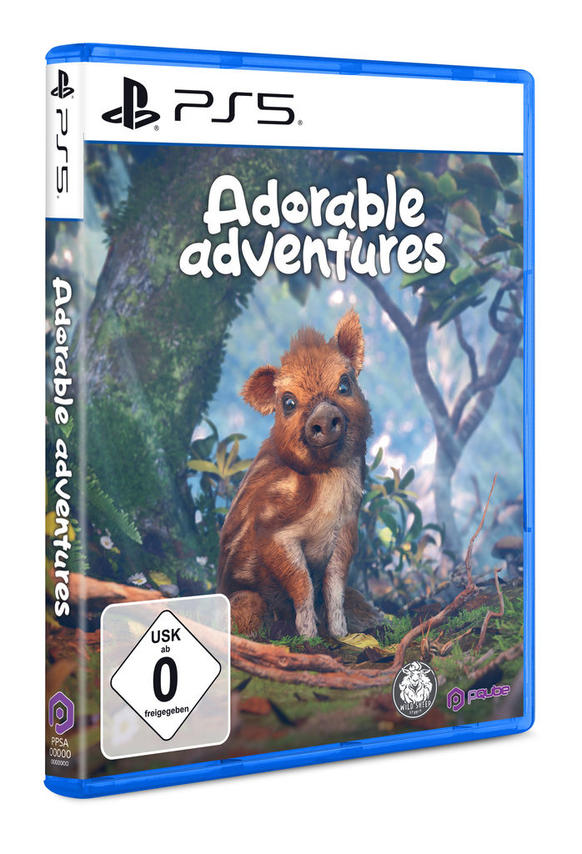 PS5-Spielhülle mit einem süßen Frischling in einem üppigen Wald und dem Titel Adorable Adventures.