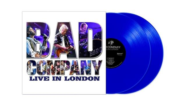 Bad Company Live in London Albumcover mit Bandfotos und zwei blauen Vinyl-Schallplatten daneben.