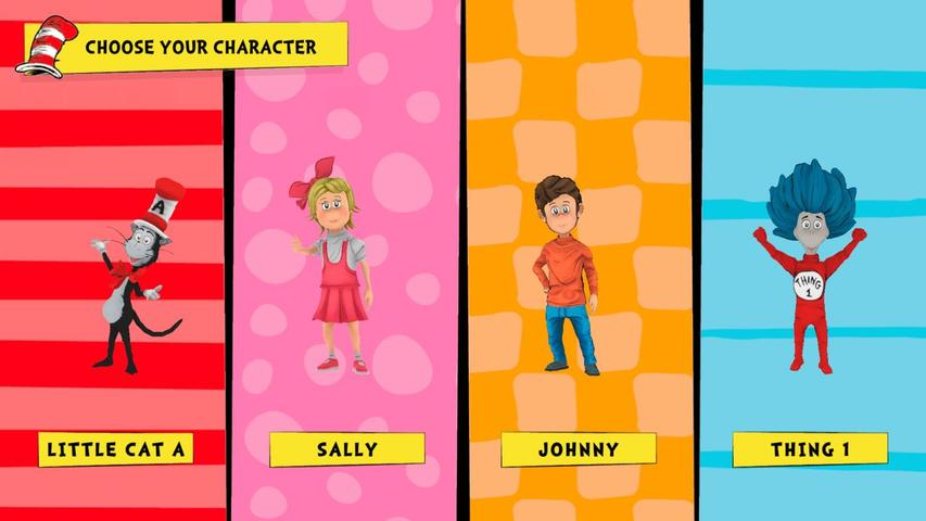 Charakterauswahlbildschirm mit vier Dr. Seuss-Figuren: Little Cat A, Sally, Johnny und Thing 1.