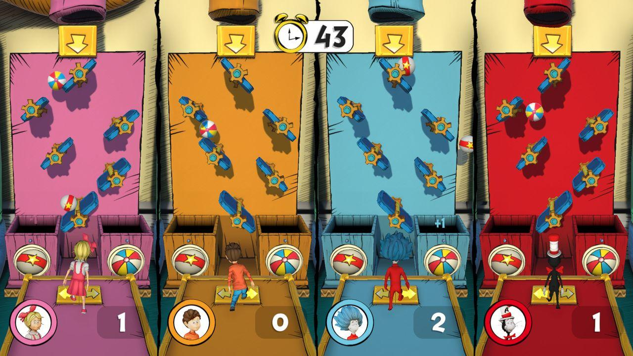 Ein bunter Cartoon-Minispielbildschirm, aufgeteilt in vier vertikale Abschnitte mit Figuren und nummerierten Kisten.