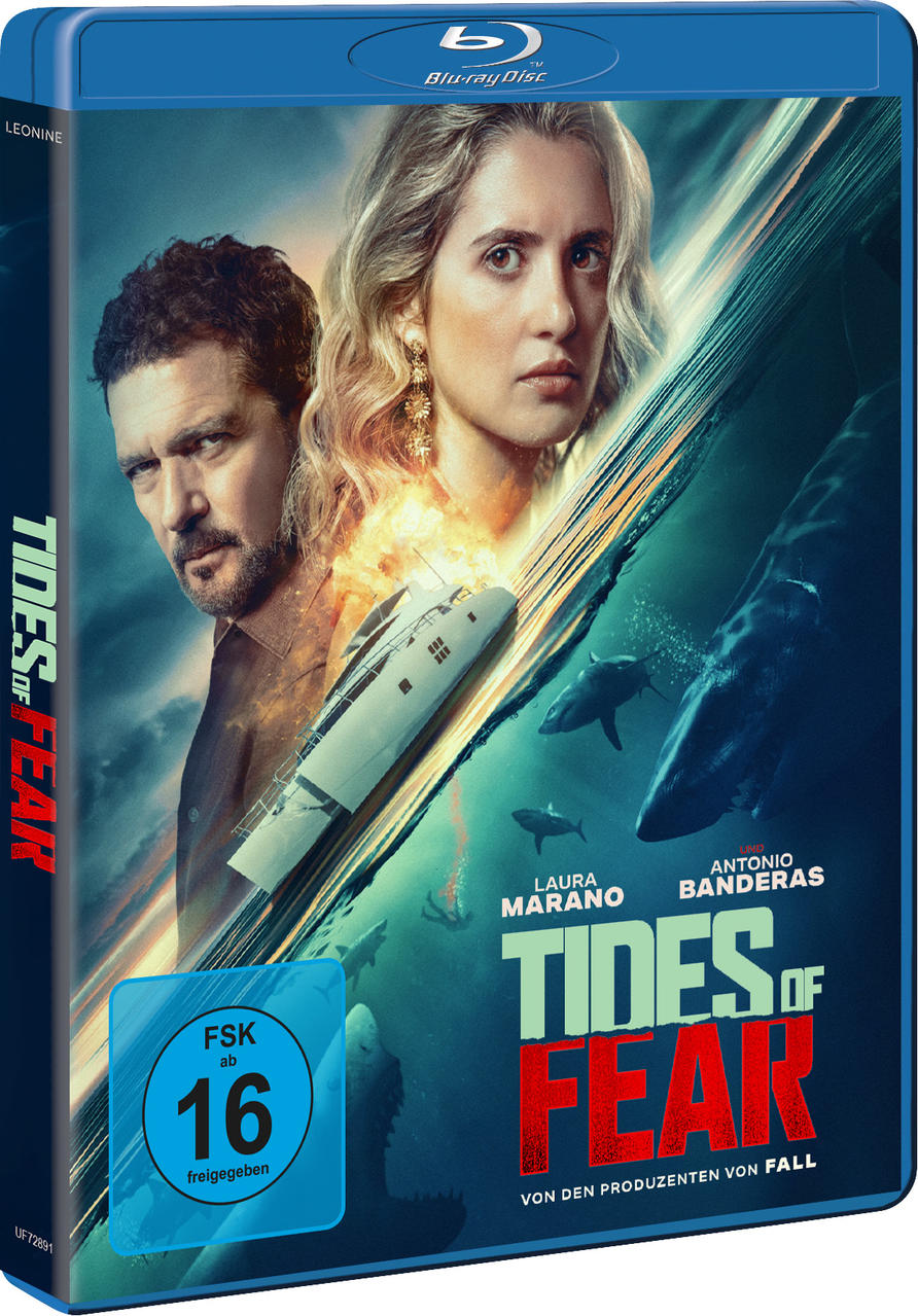 Blu-Ray-Cover von Tides of Fear mit Antonio Banderas, Laura Marano, Boot, Haien und FSK-16-Logo.