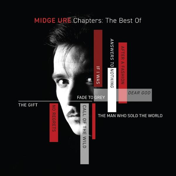 Albumcover von Midge Ure, Chapters: The Best Of, mit einem Schwarz-Weiß-Porträt und roten sowie grauen Balken mit Texten.
