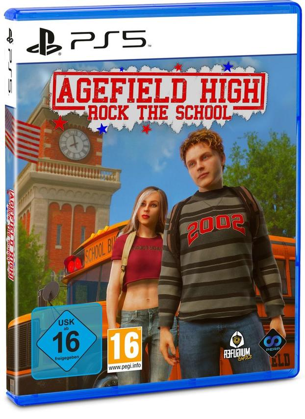 PlayStation-5-Spielhülle für Agefield High, mit zwei Teenagern vor einer Schule und einem USK-16-Logo.