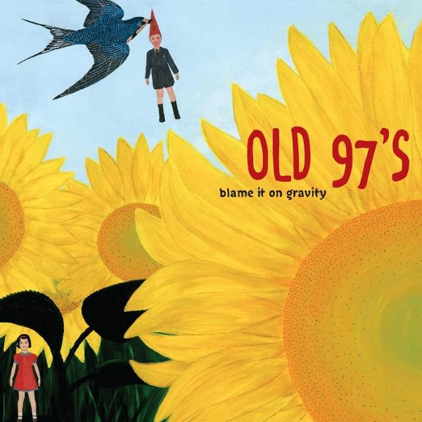 Gemälde mit gelben Sonnenblumen, einer fliegenden Person, einem Vogel und dem roten Text "OLD 97'S".