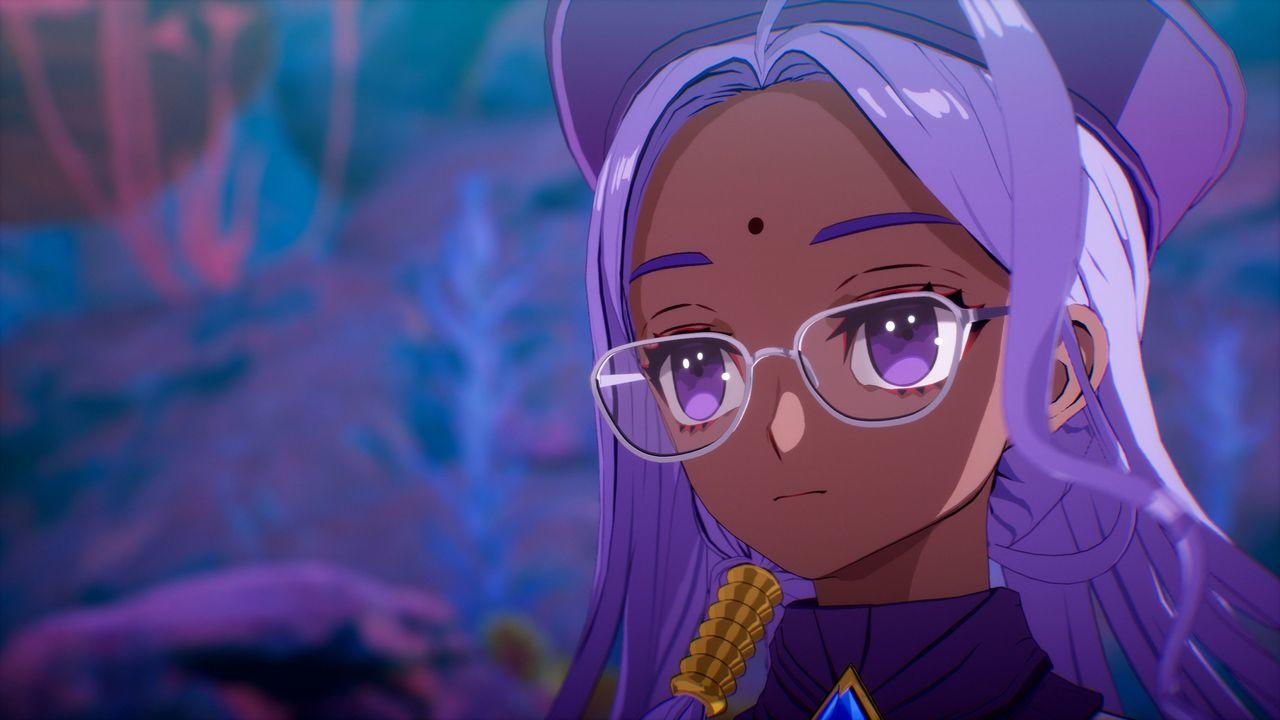 Nahaufnahme einer Anime-Figur mit lila Haaren, Brille und einem Bindi vor einem verschwommenen Hintergrund.