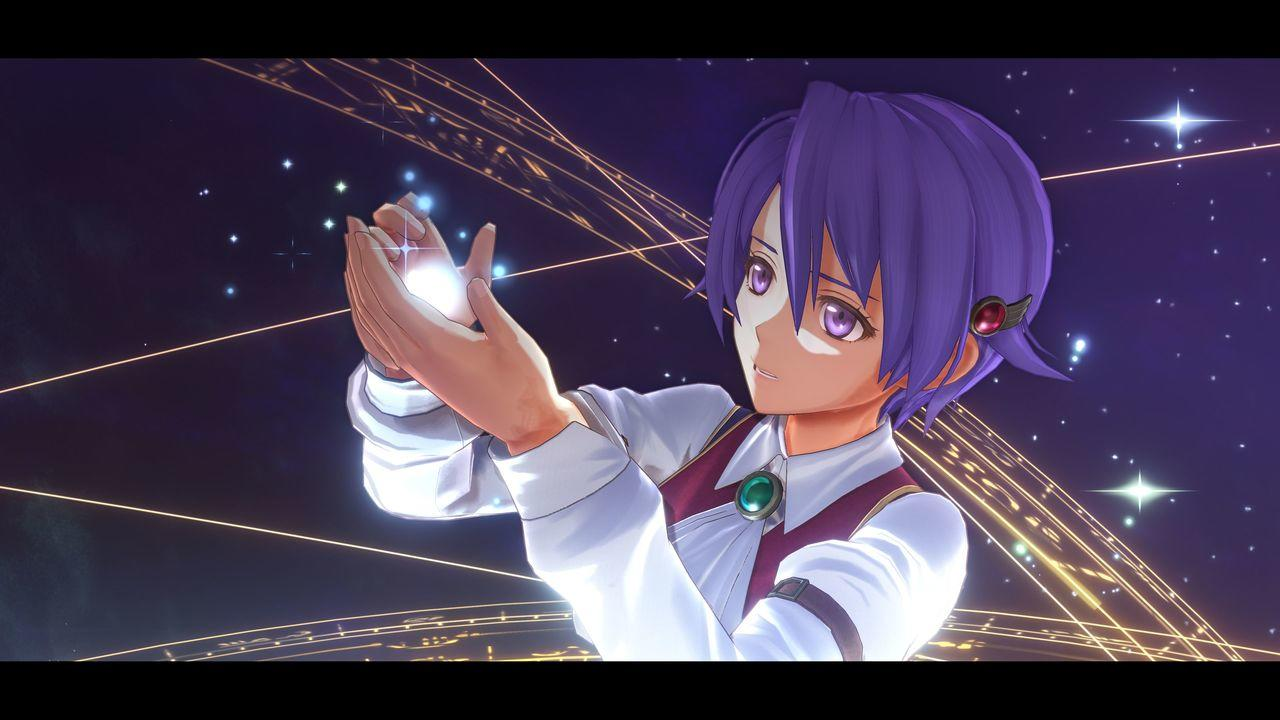 Anime-Charakter mit violetten Haaren hält eine leuchtende Lichtkugel vor einem Sternenhintergrund.