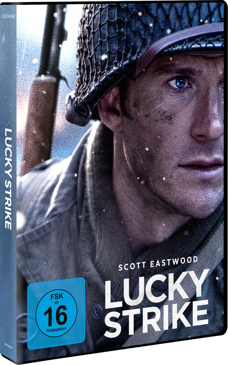 Scott Eastwood im Schnee mit Helm und Gewehr auf DVD-Cover von Lucky Strike.