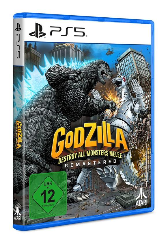 PS5-Spielhülle zeigt Godzilla im Kampf gegen Mechagodzilla vor zerstörten Hochhäusern.