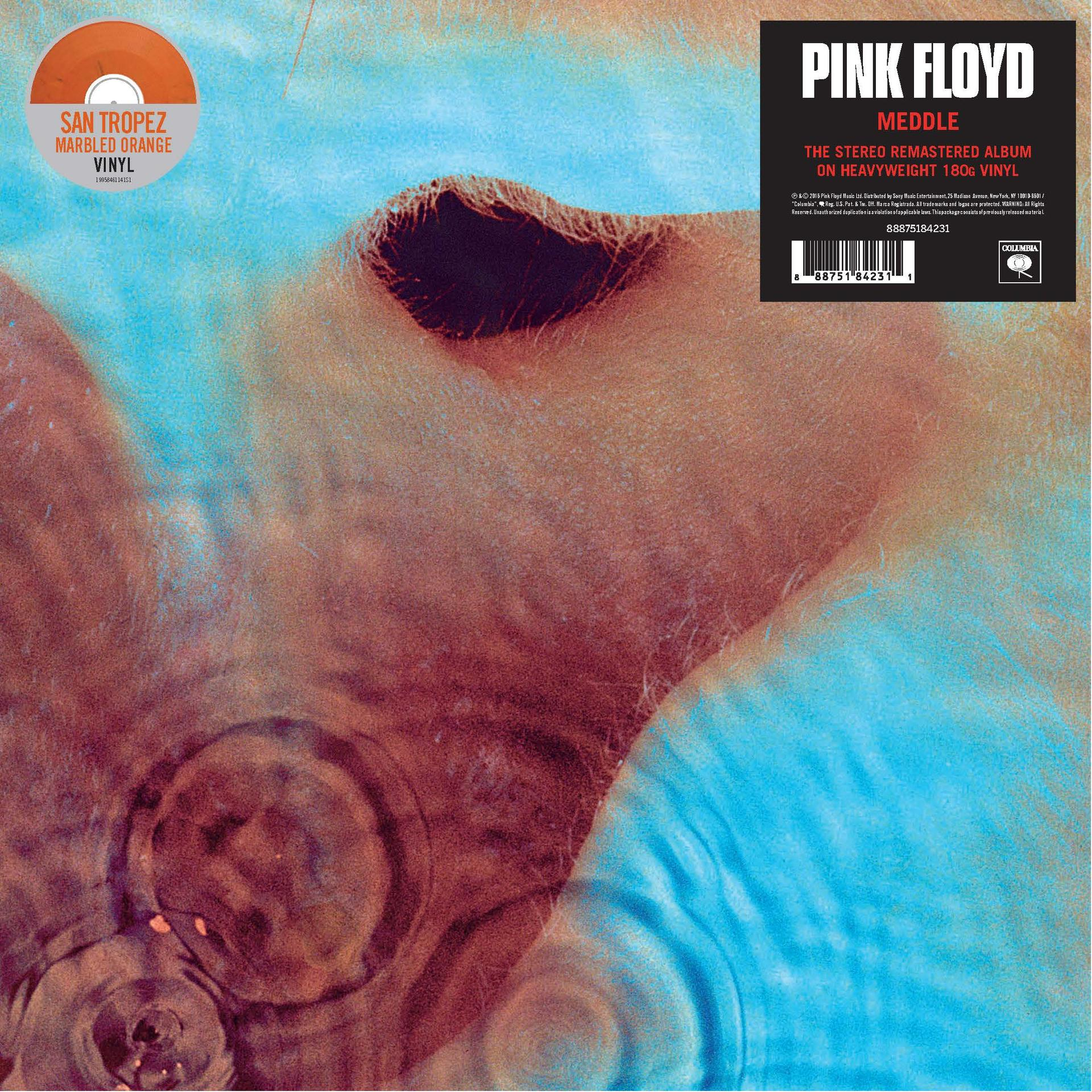 Pink Floyd Meddle Vinyl-Cover mit blau-braunem Unterwasser-Muster und Aufklebern.