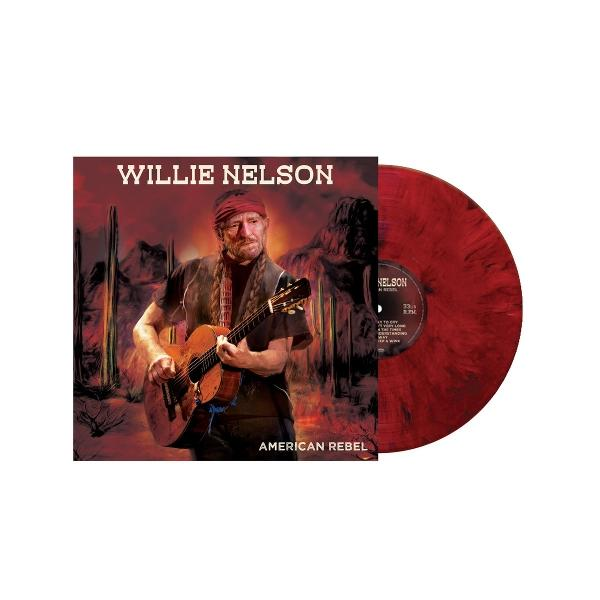 Albumcover zeigt Willie Nelson mit Gitarre vor Wüstenlandschaft und eine rote Vinylplatte.