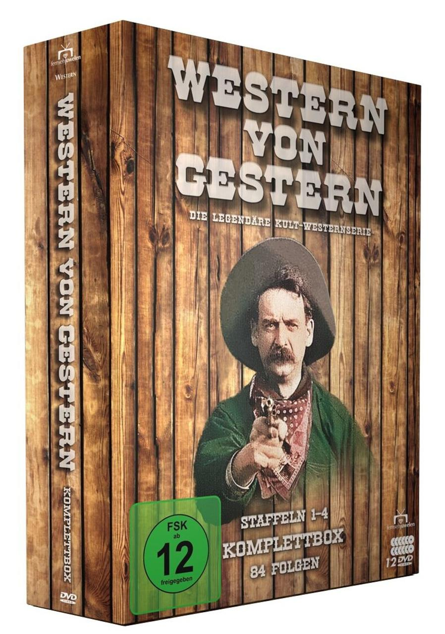 DVD-Box Western von Gestern mit einem Cowboy im Vordergrund und hölzernem Hintergrund.