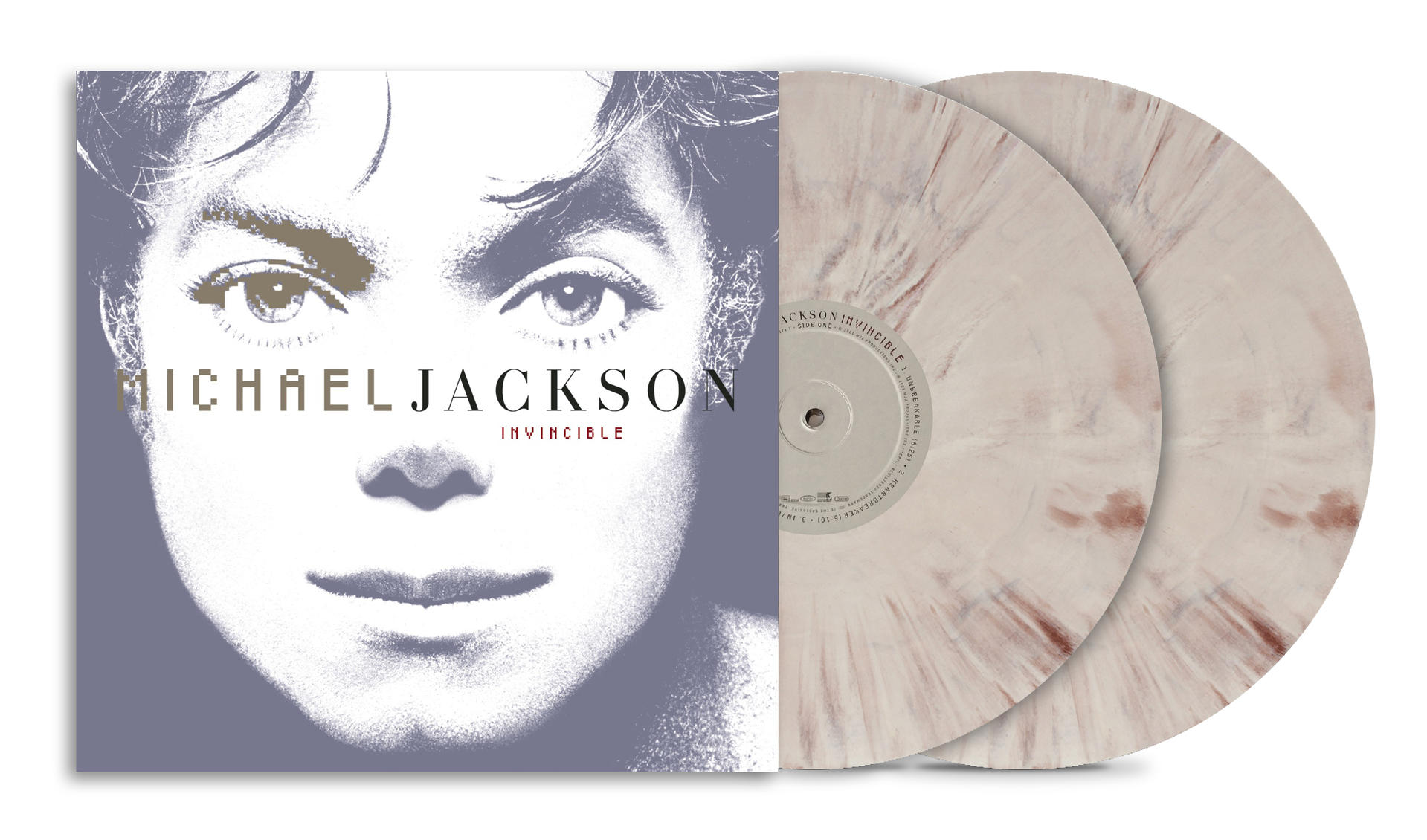 Michael Jackson Invincible Albumcover und zwei beige-braun marmorierte Vinyl-Schallplatten.