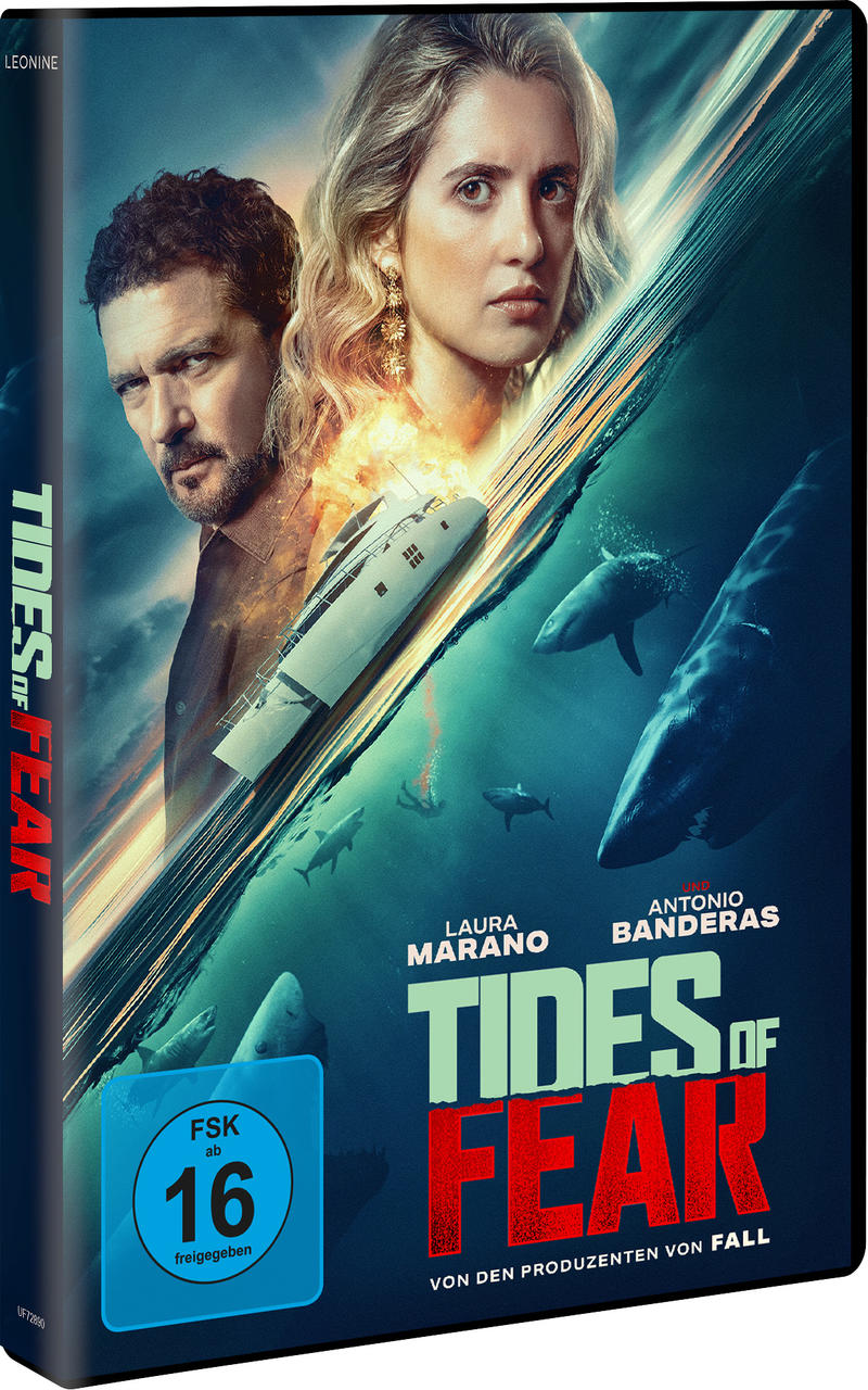 DVD-Cover von Tides of Fear mit Antonio Banderas, Laura Marano, einem Boot und Haien im Wasser.