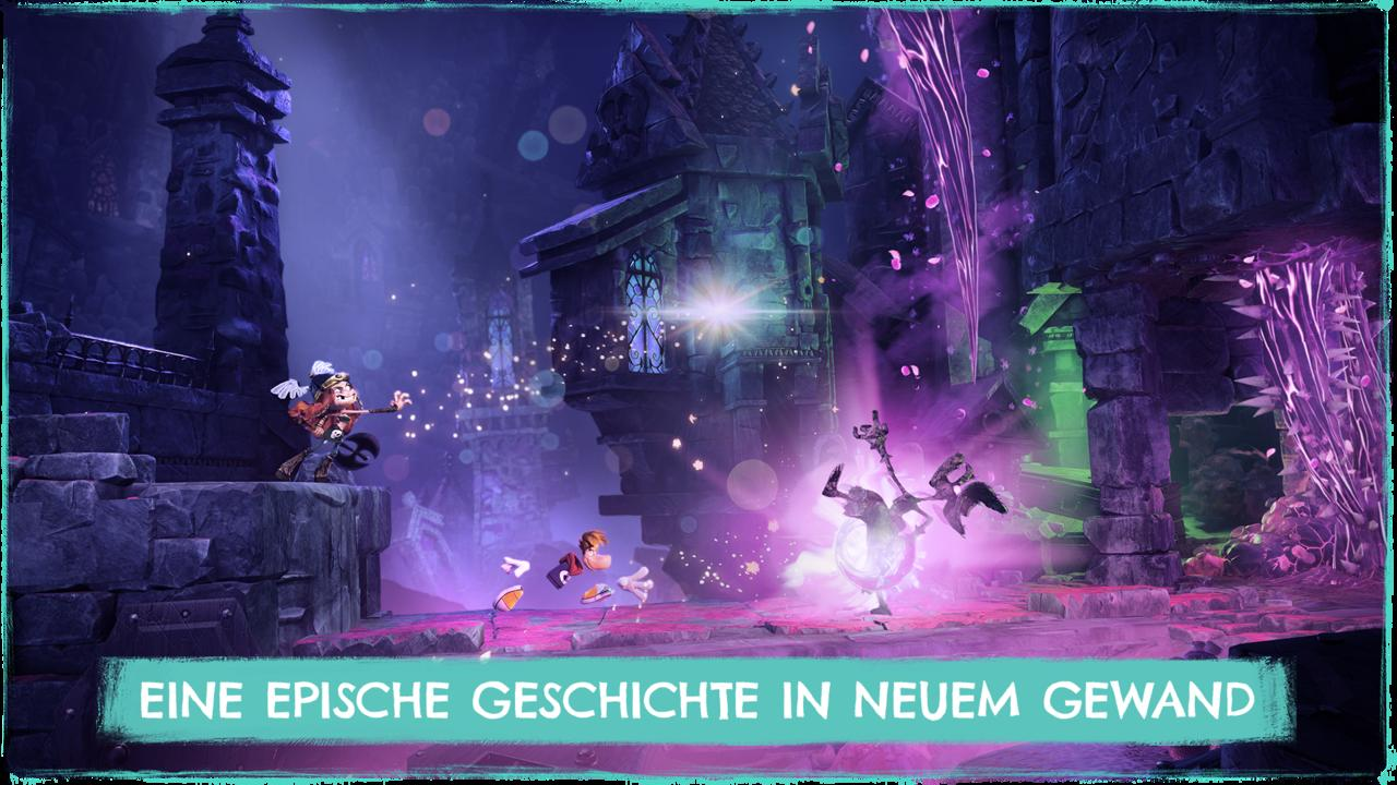 Eine fantastische Szene in einem lila Schloss mit magischen Lichteffekten und Figuren.