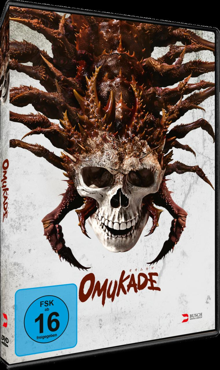 DVD-Cover von Omukade mit einem menschlichen Totenkopf und Spinnenbeinen auf hellem Hintergrund.