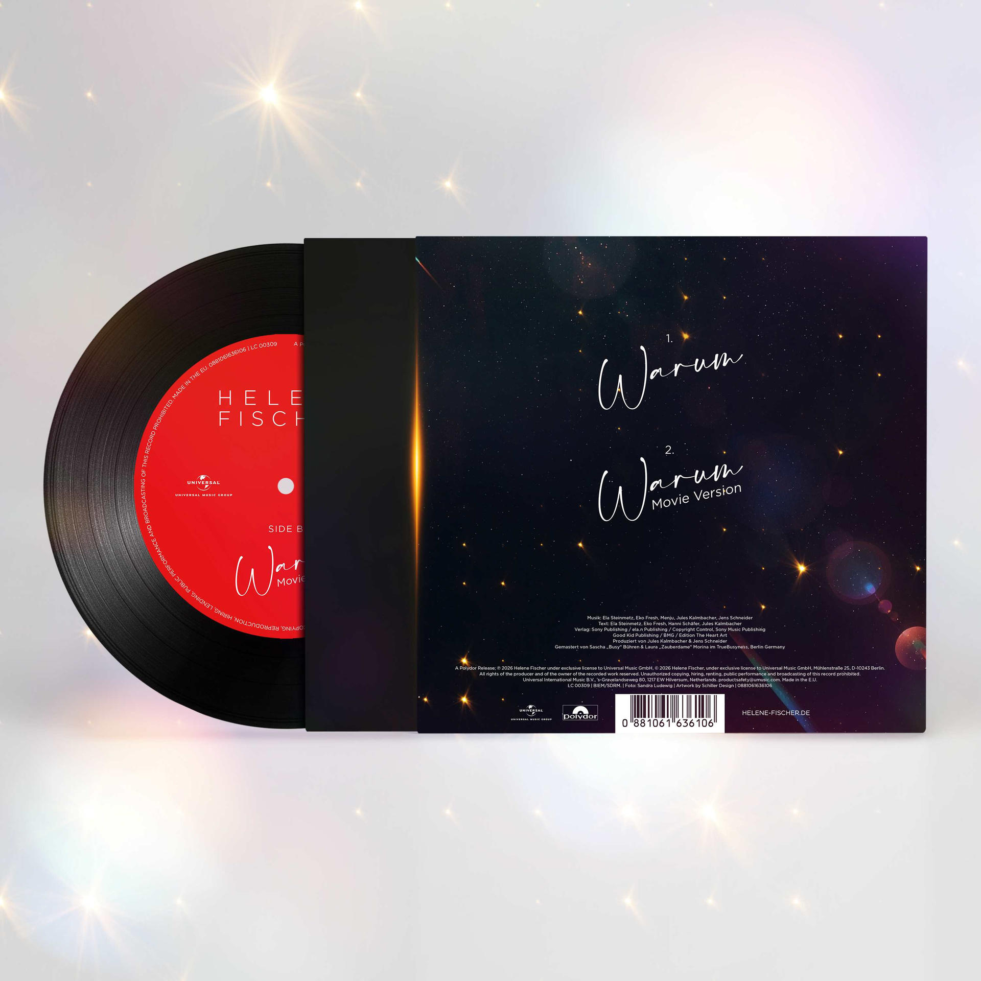 Eine schwarze Vinylplatte mit rotem Label liegt neben einem dunkelblauen Cover mit Sternen und Schrift.