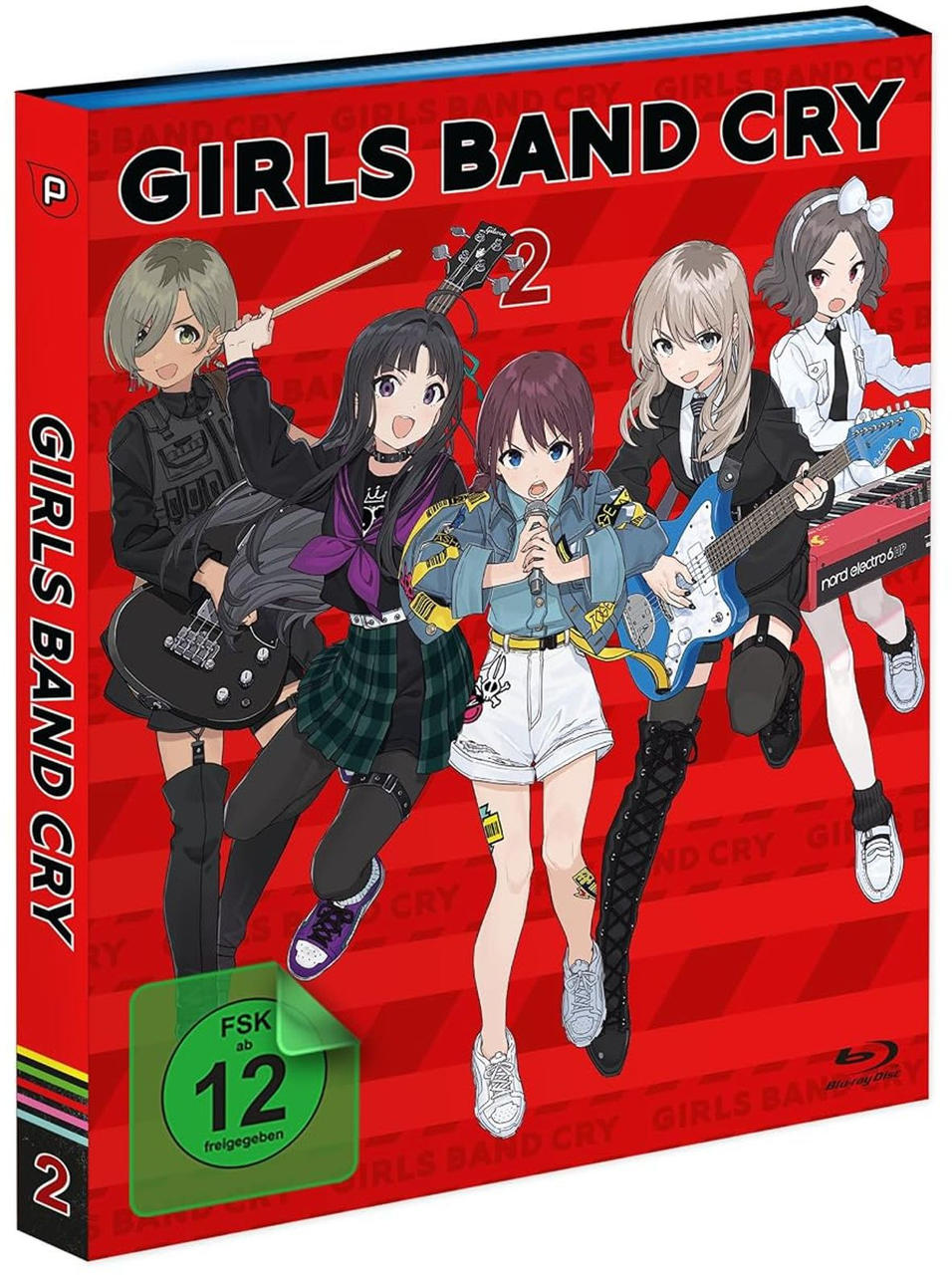 Anime-Cover mit fünf Mädchen einer Band vor rotem Hintergrund, die Instrumente halten.