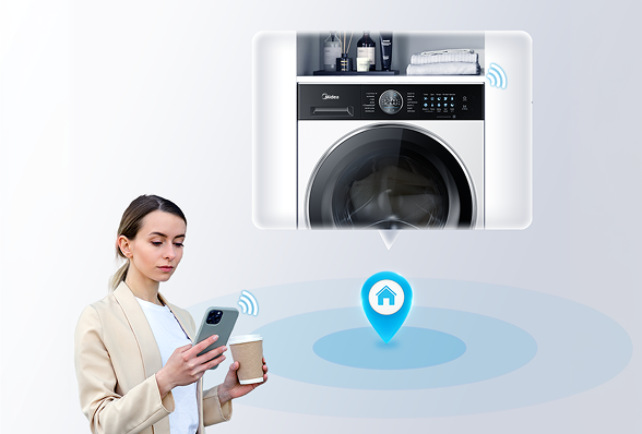 Kobieta trzyma smartfon i kubek kawy, a powyżej widoczna jest pralka połączona z siecią Wi-Fi.