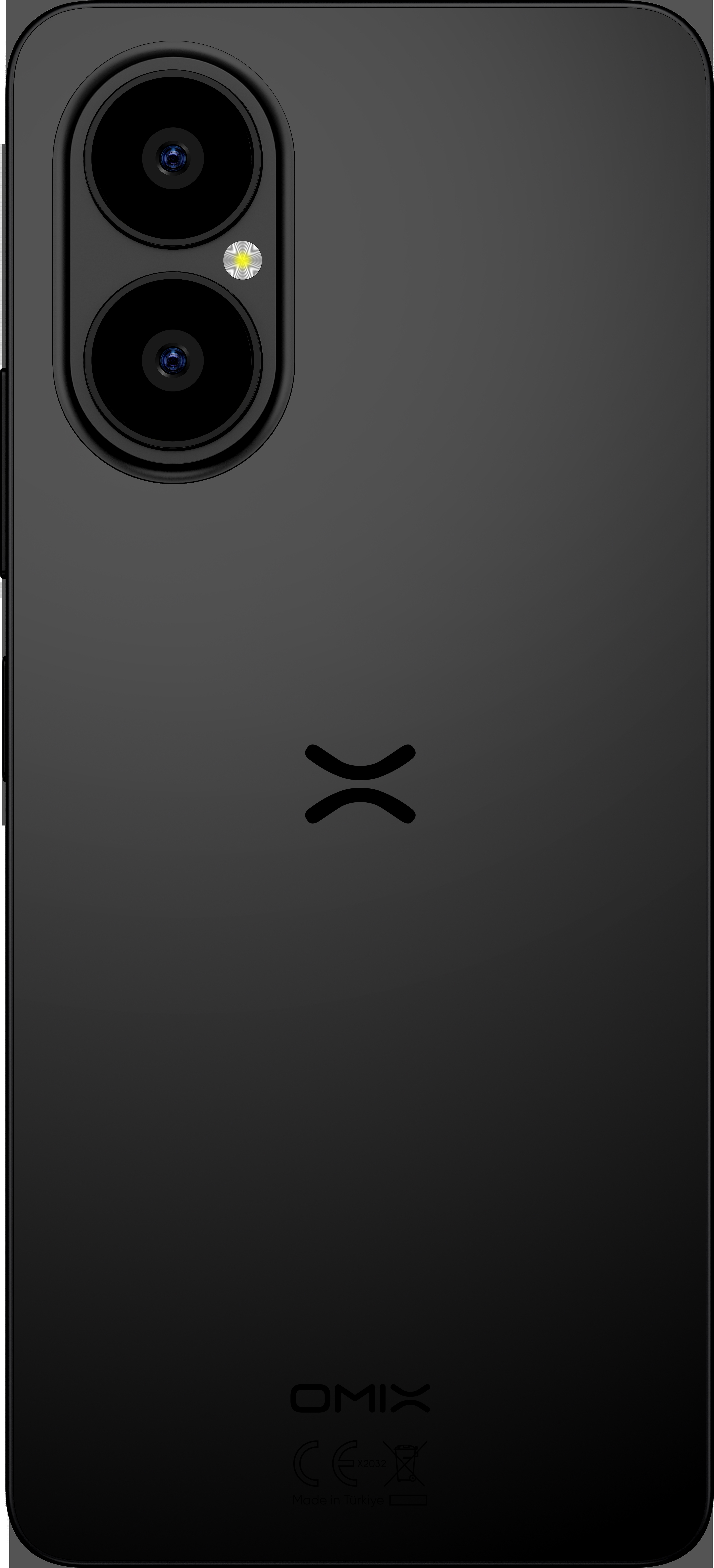 Sol üstte iki dikey kamera lensi ve ortada OMIX logosu bulunan koyu gri akıllı telefonun arkası.
