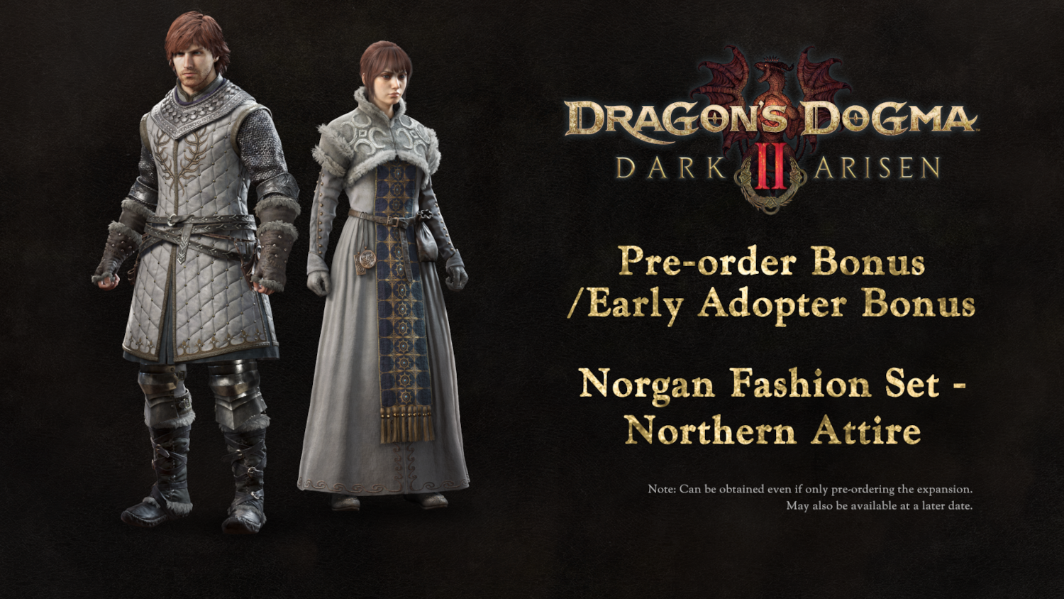 A Dragon's Dogma 2 előrendelési bónusza két karaktert mutat szürke ruhában, sötét háttér előtt.